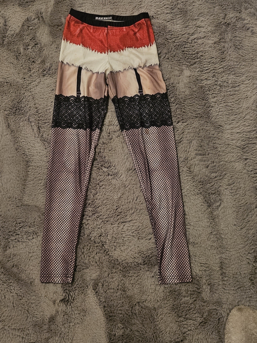 Novelty Ms. Claus Fishnet & Lace Printed Leggings - Red, Black, Beige XMAS